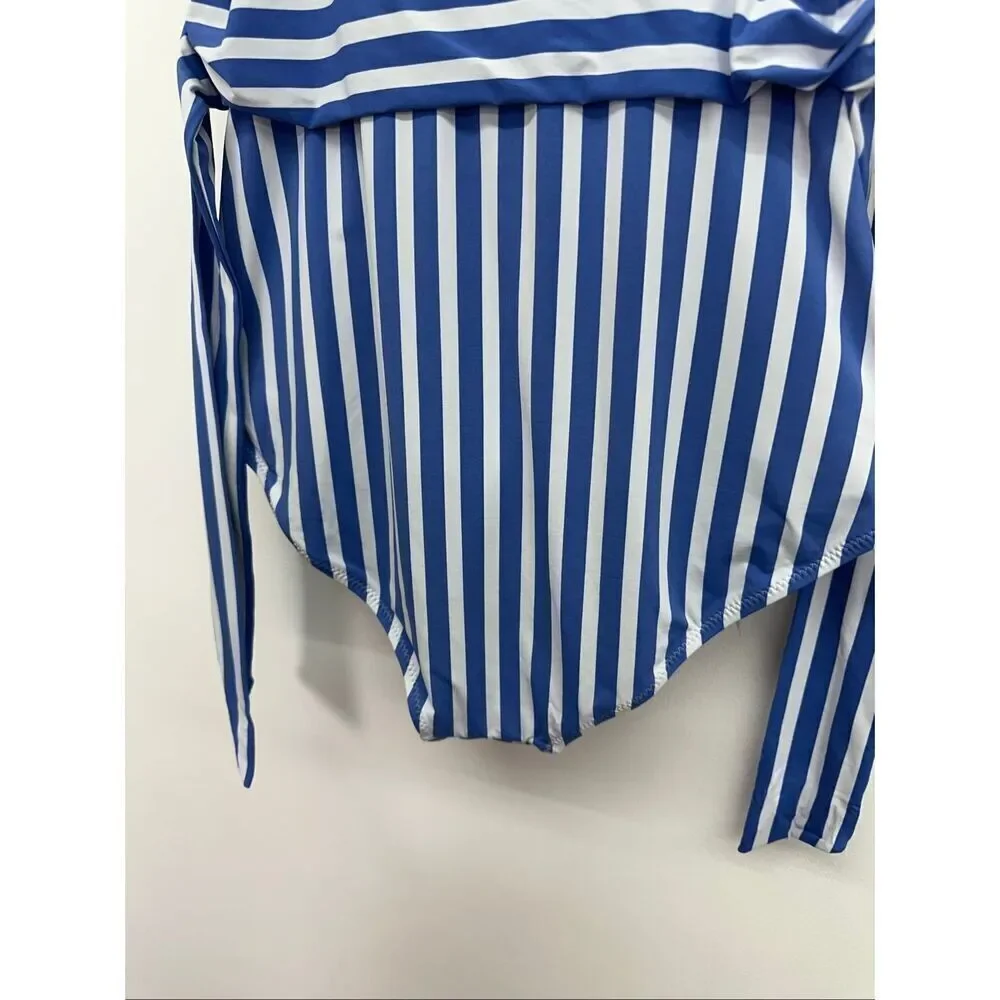 Vineyard Vines Women’s Blue and White Sail Stripe Ruffle One-Piece Swimsuit